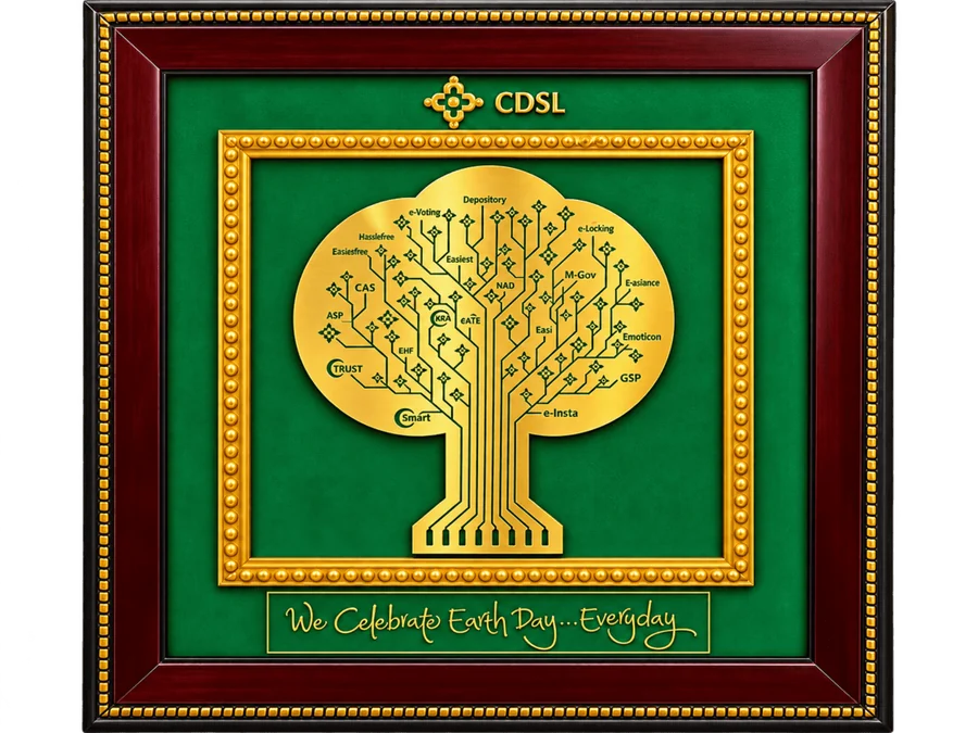 Framed CDSL plaque with a golden circuit-tree emblem on green velvet and the line 'We Celebrate Earth Day... Everyday'