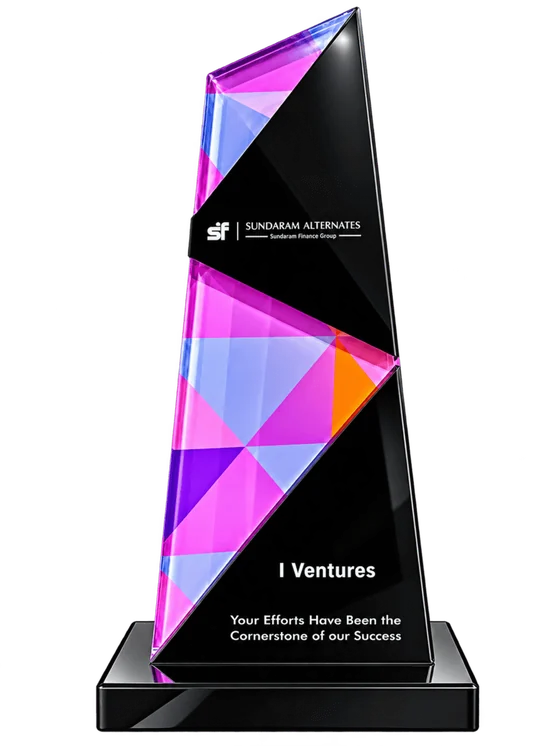 Crystal trophy from Sundaram Alternates, Sundaram Finance Group, engraved 'I Ventures — Your Efforts Have Been the Cornerstone of our Success'
